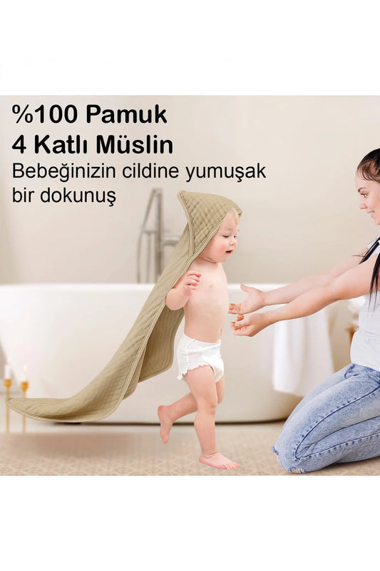 Yenidoğan Bebek Müslin Banyo Havlusu Kapüşonlu, 4 Katlı, Kalın, Yumuşak ve Emici %100 Pamuk