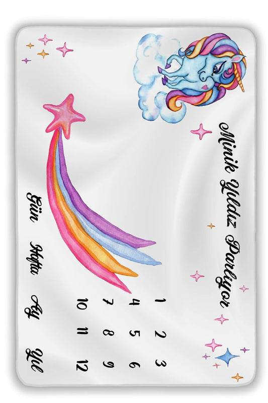 Bebek Hediyelik Unicorn Anı Battaniyesi Gökkuşağı Ve Tek Boynuzlu At Desenli, Anı Kartı Hediye Seti
