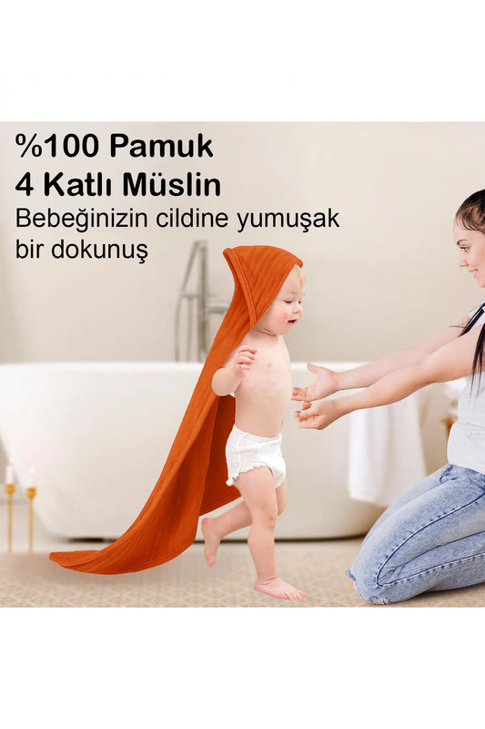 Yenidoğan Bebek Müslin Banyo Havlusu Kapüşonlu, 4 Katlı, Kalın, Yumuşak ve Emici %100 Pamuk