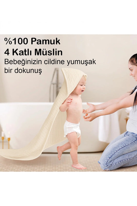 Yenidoğan Bebek Müslin Banyo Havlusu Kapüşonlu, 4 Katlı, Kalın, Yumuşak ve Emici %100 Pamuk