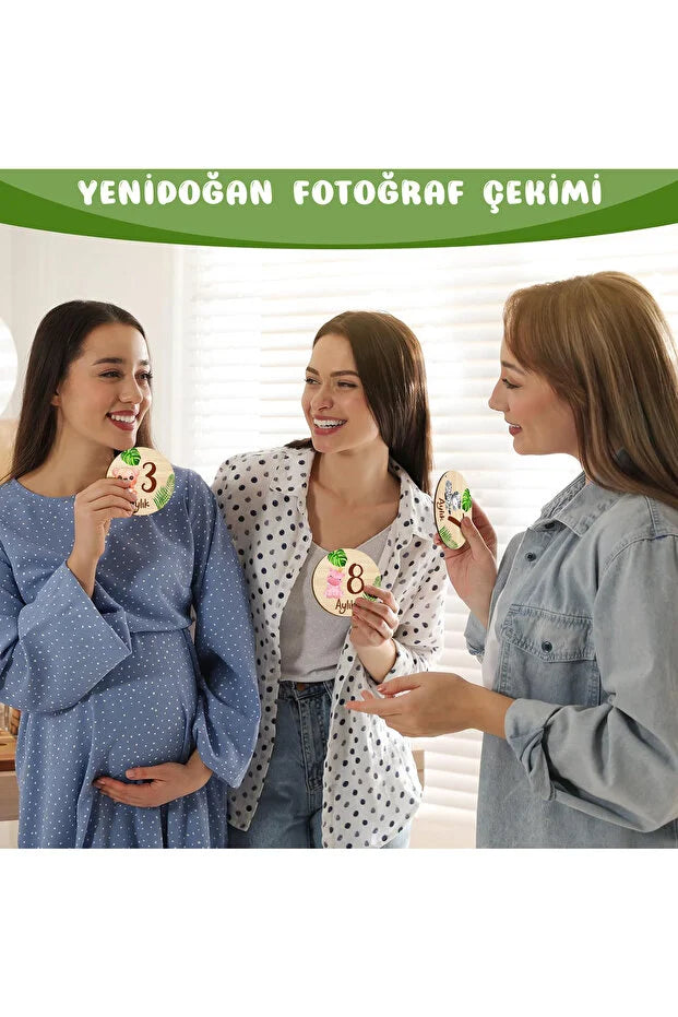 Bebek Aylık Anı Kartları Ahşap, Hediyelik Yenidoğan Doğum Konsept Fotoğraf Diski, 18 Tasarım, 10 Cm