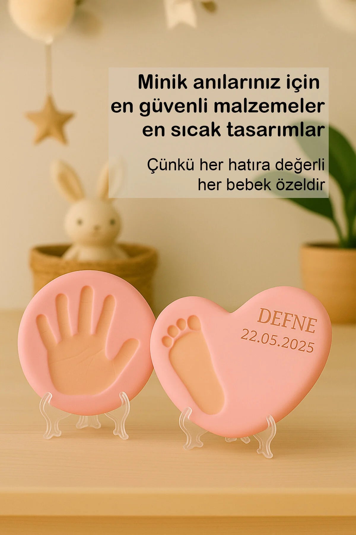 El Ayak İzi Seti Bebek Anı Kiti, Yeni Anne ve Yenidoğan Hediyesi, Kişiselleştirilebilir Kil, 2 Pembe