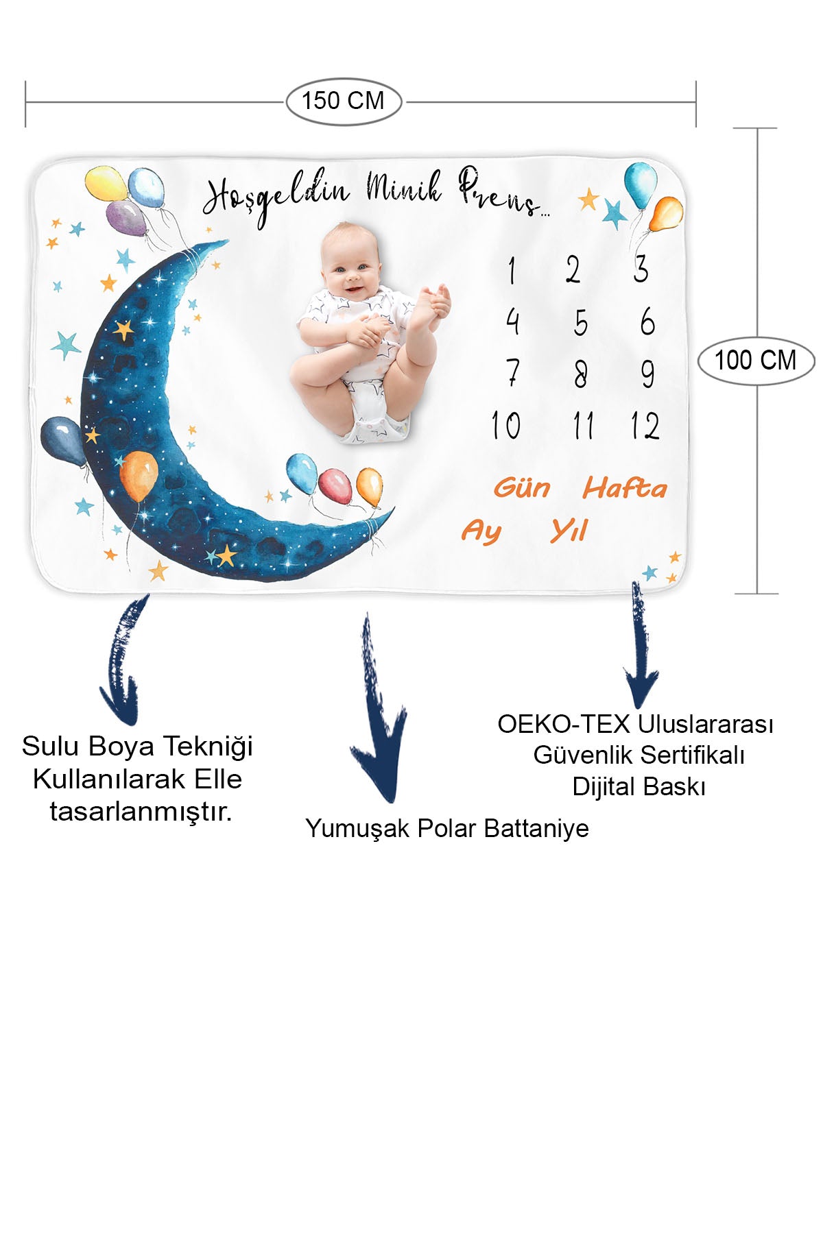 Moky Dizayn Bebek Fotoğraf Anı Battaniye Seti, 150X100 Cm