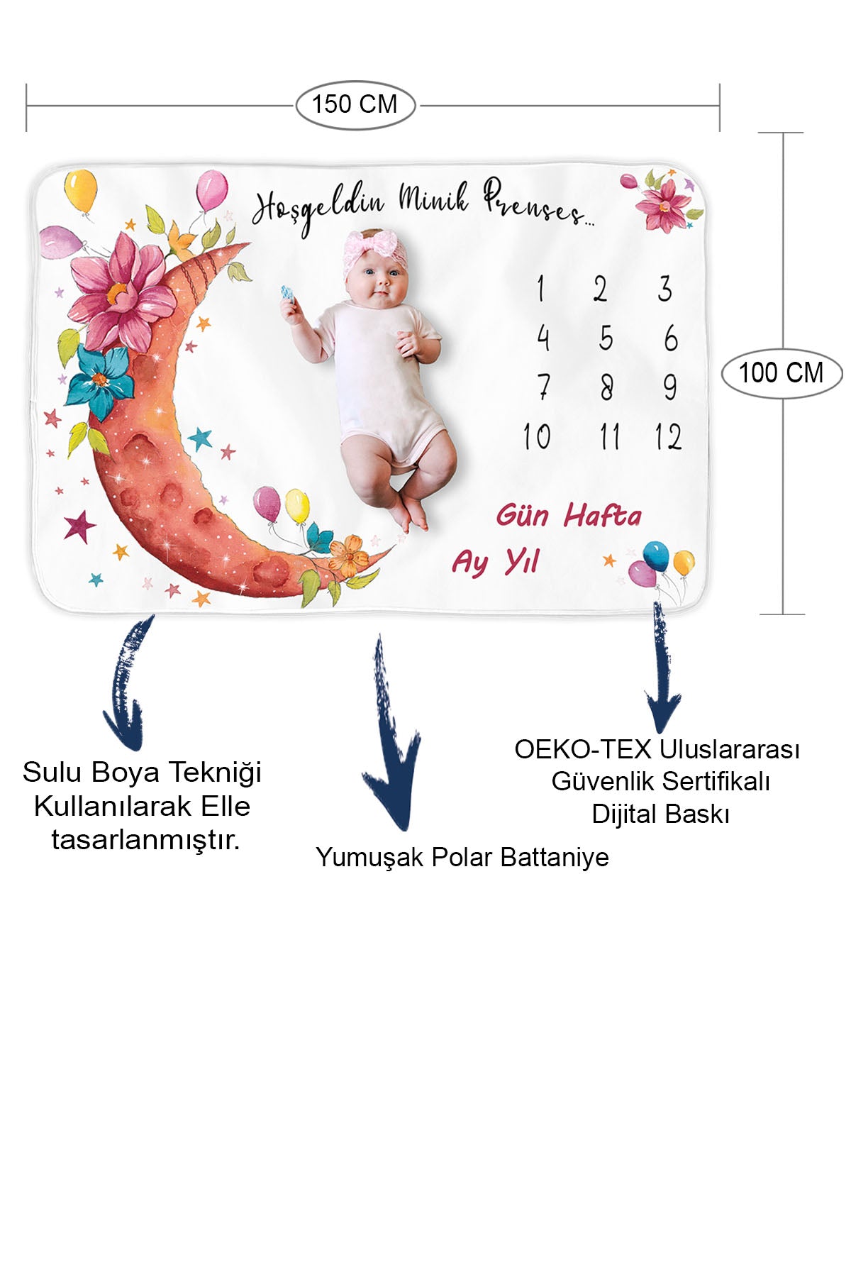 Moky Dizayn Bebek Fotoğraf Anı Battaniye Seti, 150X100 Cm