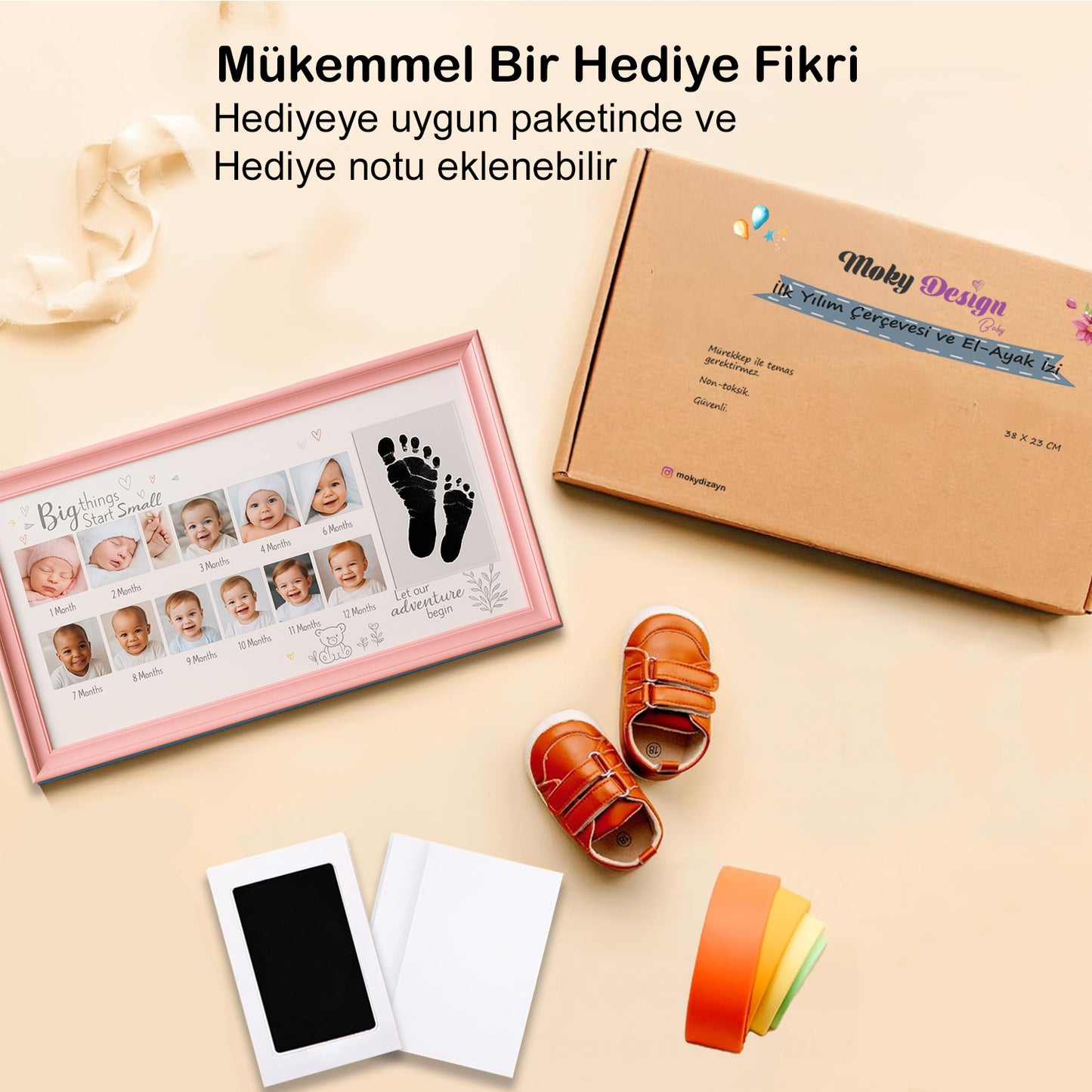 Yenidoğan Bebek İlk Fotoğrafım Aylık Anı Çerçevesi (38x23cm) Birinci Yıl, Büyük Boy El Ayak İzi Kiti