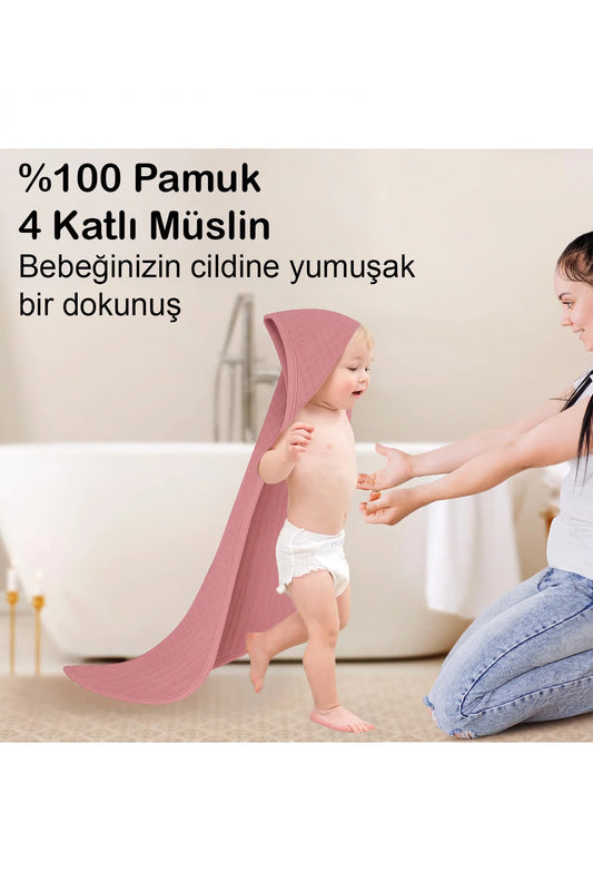 Yenidoğan Bebek Müslin Banyo Havlusu Kapüşonlu, 4 Katlı, Kalın, Yumuşak ve Emici %100 Pamuk