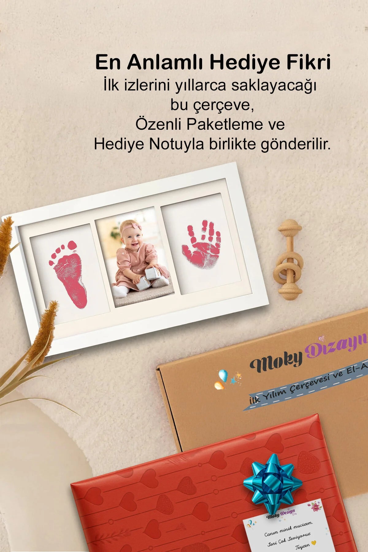 Bebek El Ayak İzi Seti, Temassız Mürekkep Baskı Kiti (2 Adet) ve Yenidoğan Hediye Anı Çerçevesi