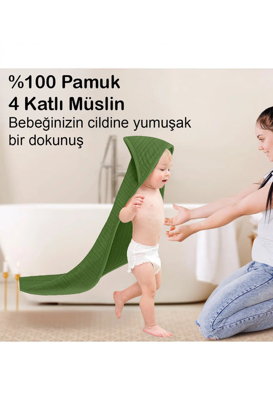 Yenidoğan Bebek Müslin Banyo Havlusu Kapüşonlu, 4 Katlı, Kalın, Yumuşak ve Emici %100 Pamuk