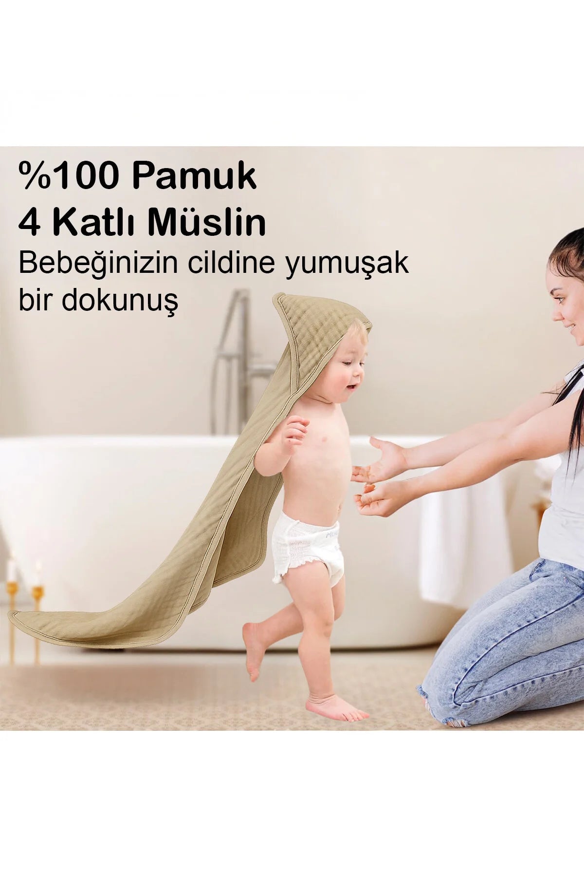 Yenidoğan Bebek Müslin Banyo Havlusu Kapüşonlu, 4 Katlı, Kalın, Yumuşak ve Emici %100 Pamuk