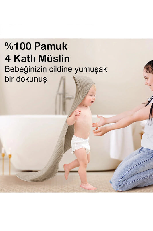 Yenidoğan Bebek Müslin Banyo Havlusu Kapüşonlu, 4 Katlı, Kalın, Yumuşak ve Emici %100 Pamuk