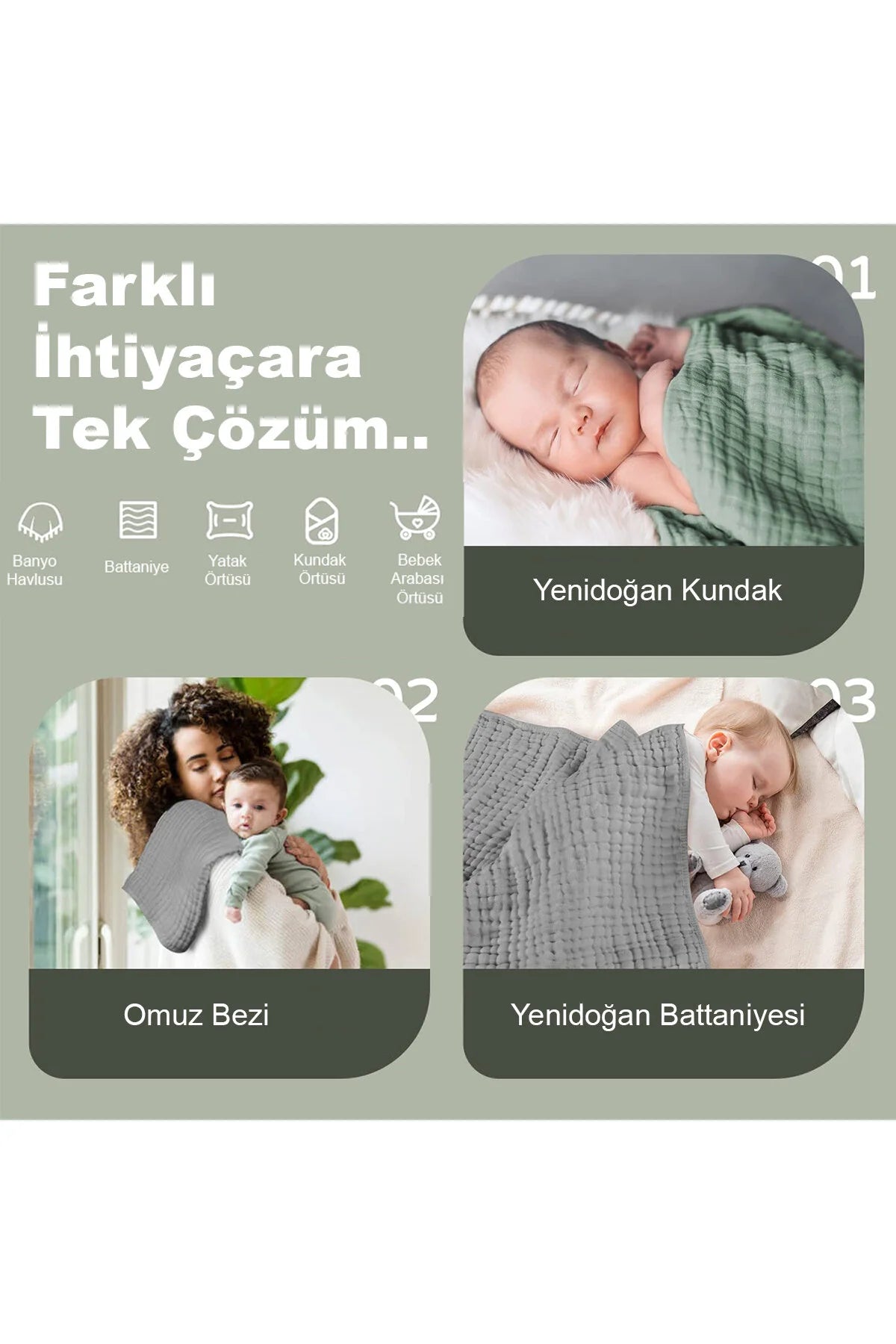 Yenidoğan Bebek Müslin Banyo Havlusu Kapüşonlu, 4 Katlı, Kalın, Yumuşak ve Emici %100 Pamuk