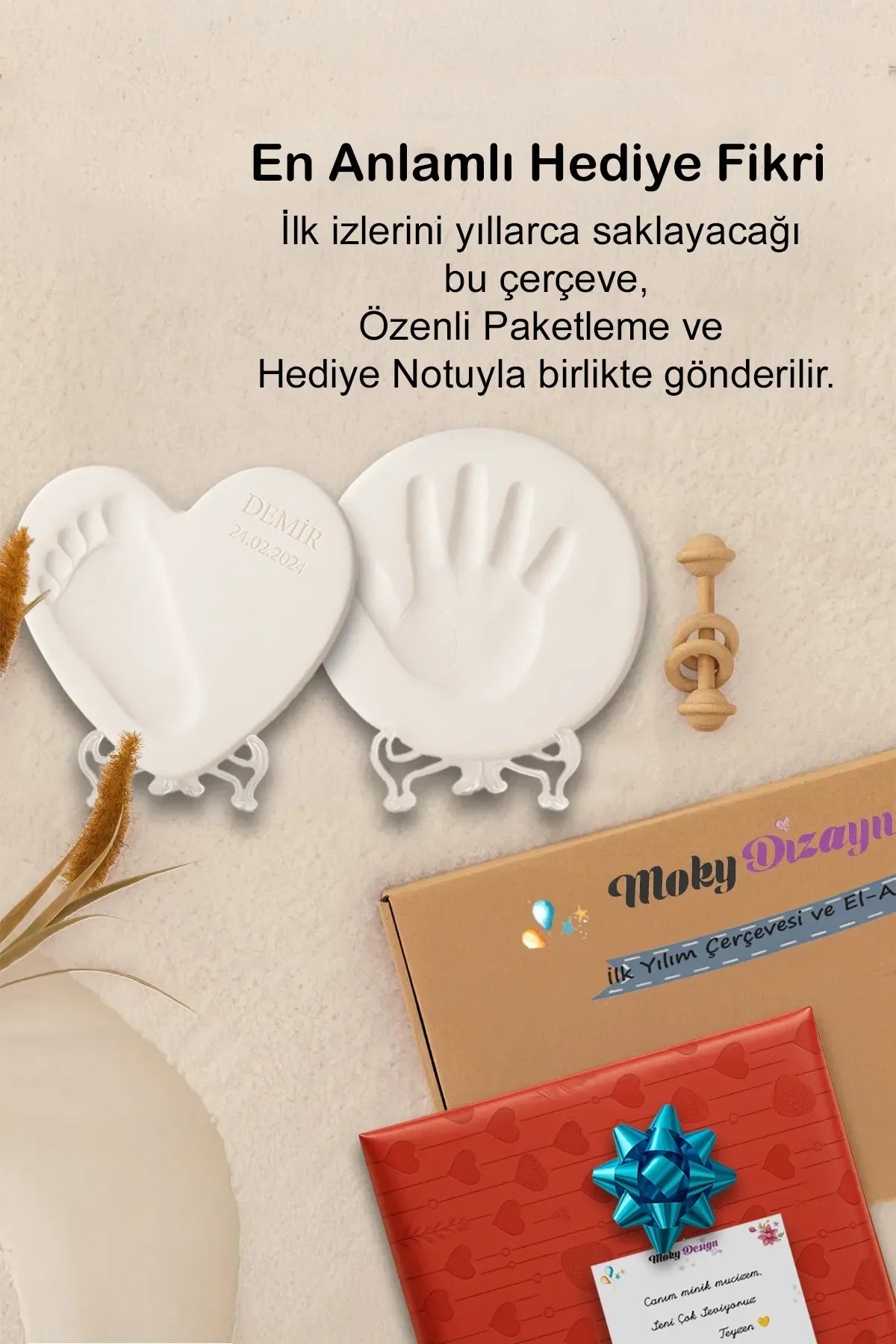 Yenidoğan El Ayak İzi Seti Anı Kiti, Kişiye Özel Kil Hatırası (2 Adet), Bebek ve Yeni Anne Hediyesi