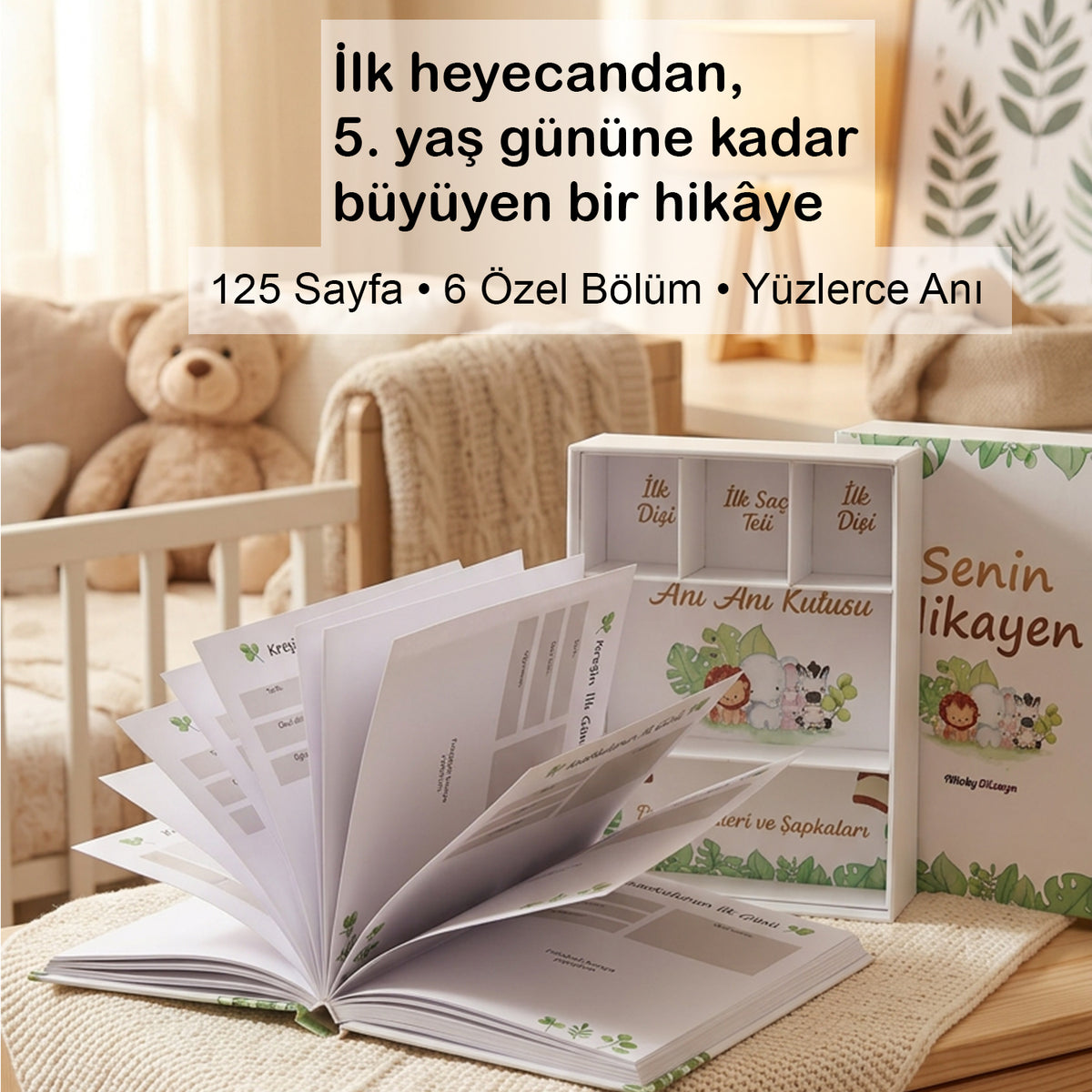 Bebek Anı Defteri ve 5 Bölmeli Anı Kutusu | Hamilelikten 5 Yaşa Hatıra Günlüğü | Anne Bebek Ajandası