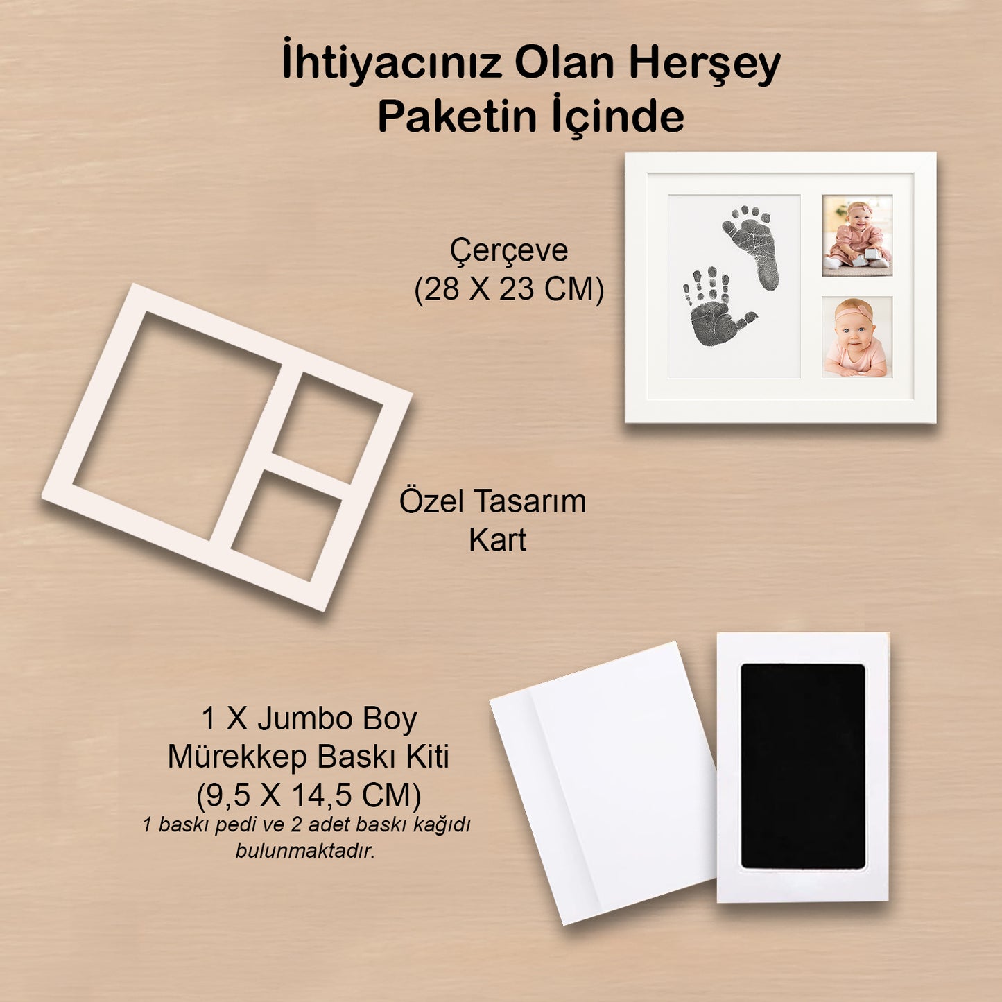 Bebek El Ayak İzi Seti, Temassız Mürekkep Baskı Kiti Jumbo Boy ve Yenidoğan Hediye Anı Çerçevesi