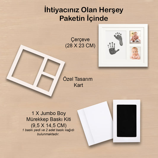 Bebek El Ayak İzi Seti, Temassız Mürekkep Baskı Kiti Jumbo Boy ve Yenidoğan Hediye Anı Çerçevesi