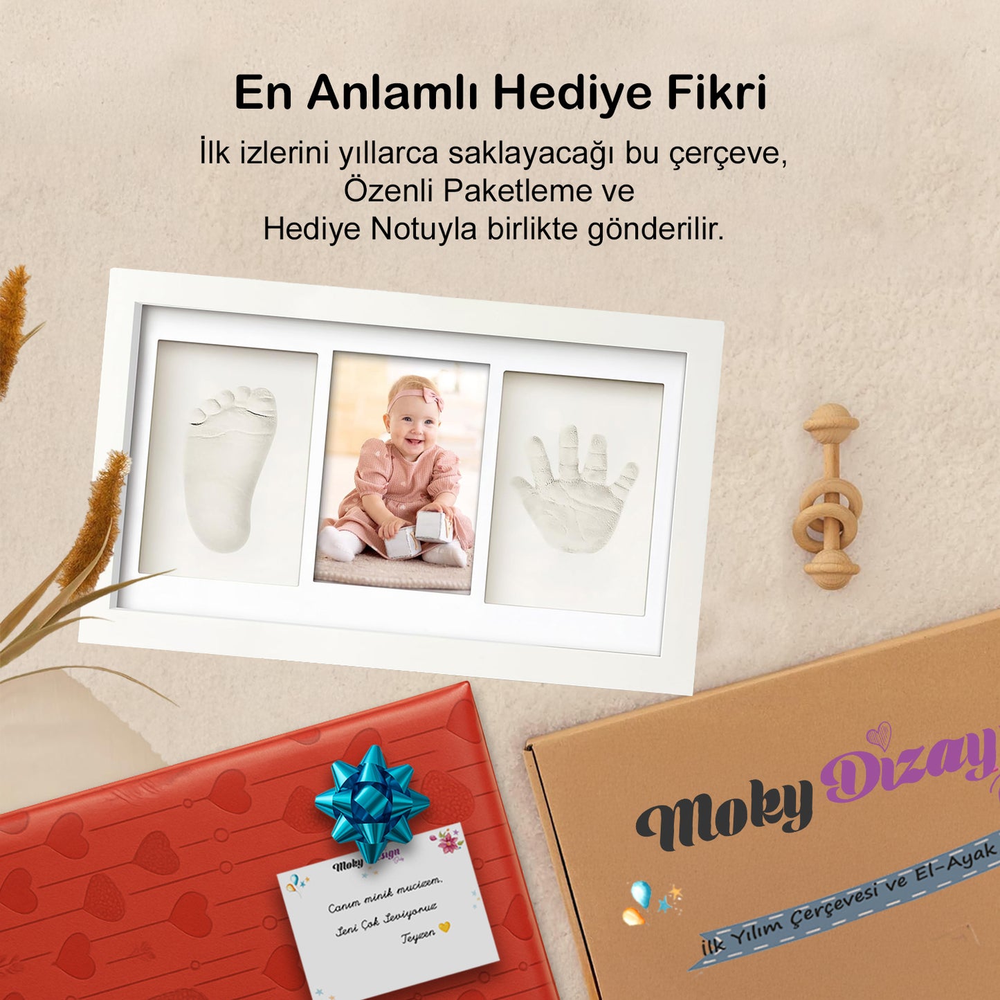 Bebek El Ayak İzi Seti – Kişiselleştirilebilir Kil Anı Çerçevesi | Yenidoğan Bebek Hediye ve Hatıra
