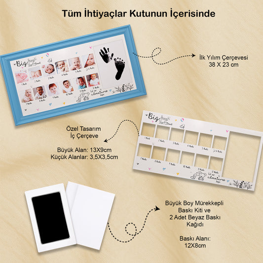 Bebek İlk Yıl Fotoğraf Anı Çerçevesi (38x23cm), Aylık Konsept Resimler ve Erkek Yenidoğan Hediyesi