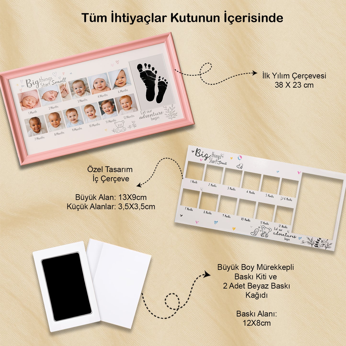 Yenidoğan Bebek İlk Fotoğrafım Aylık Anı Çerçevesi (38x23cm) Birinci Yıl, Büyük Boy El Ayak İzi Kiti