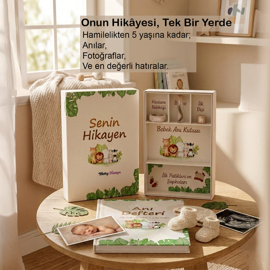 Bebek Anı Defteri, 5 Bölmeli Anı Kutusu + 2 Adet 0-6 Ay El Ayak İzi Baskı Kiti | Hamilelikten 5 Yaşa
