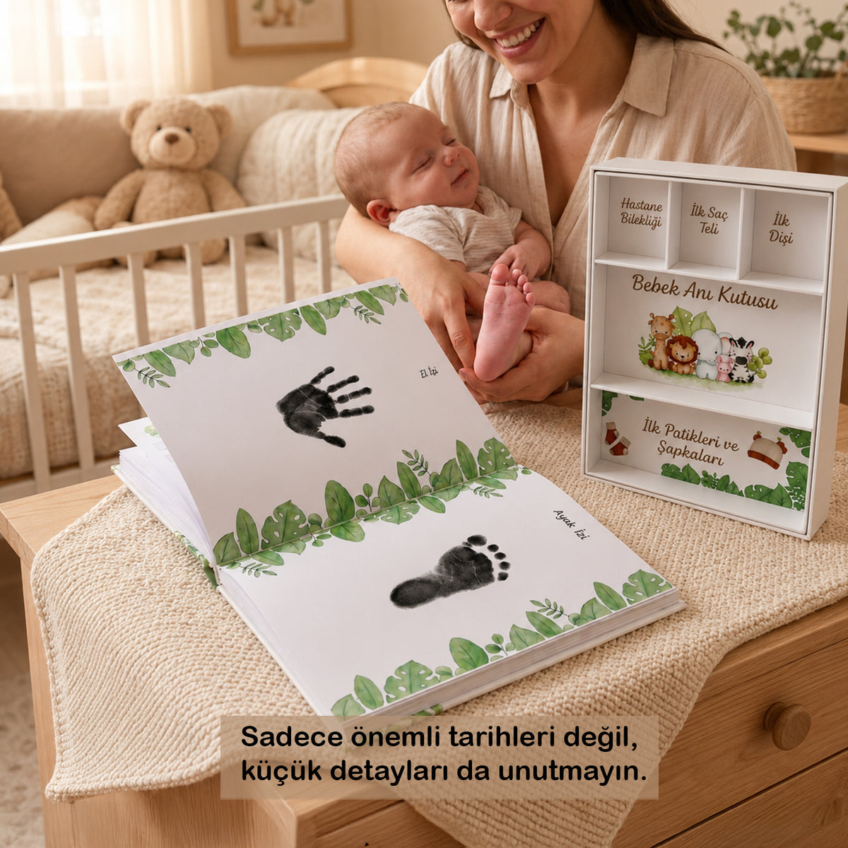 Bebek Anı Defteri, 5 Bölmeli Anı Kutusu + 2 Adet 0-6 Ay El Ayak İzi Baskı Kiti | Hamilelikten 5 Yaşa
