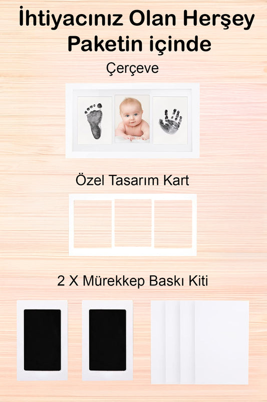 Bebek El Ayak İzi Seti, Temassız Mürekkep Baskı Kiti (2 Adet) ve Yenidoğan Hediye Anı Çerçevesi