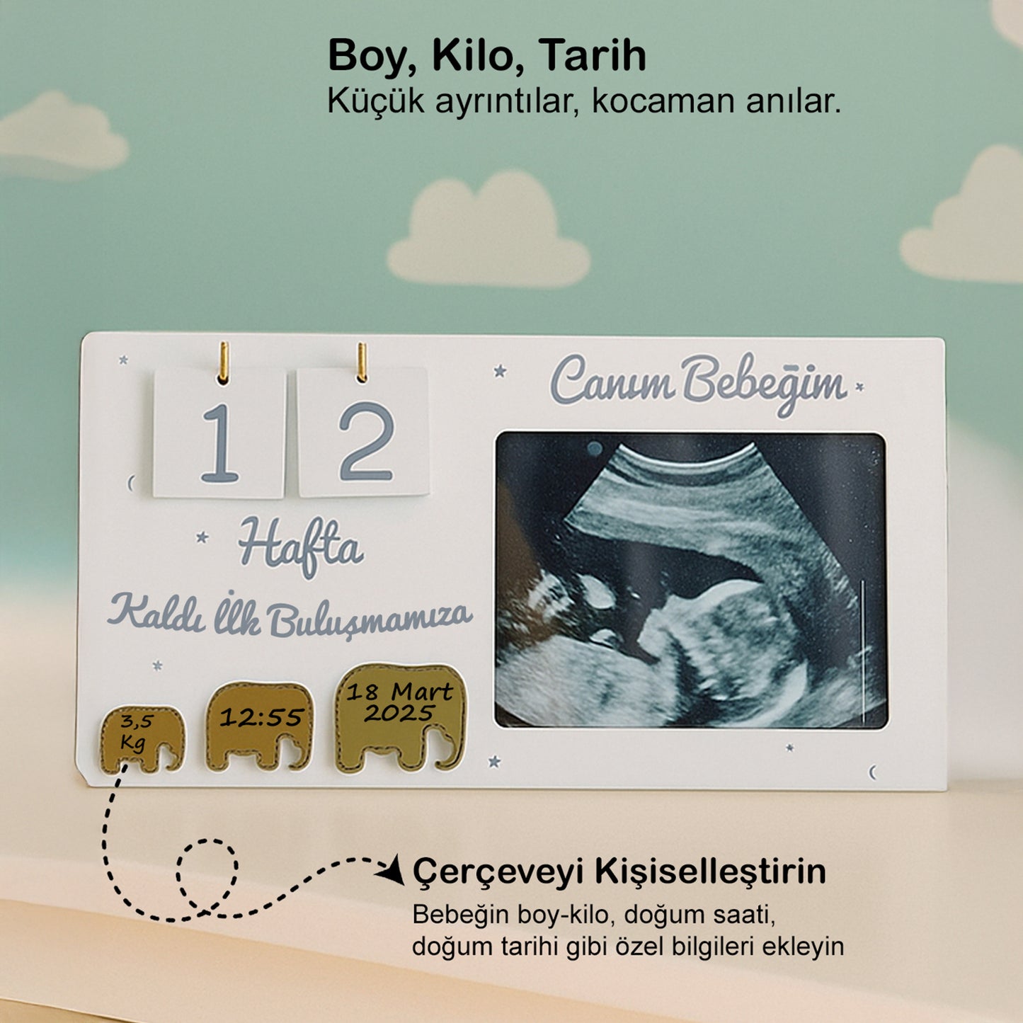 Ultrason Geri Sayım Çerçevesi| Hamile Hediyelik, 40 Hafta Hamilelik Takvimi, İlk Fotoğrafım Sonogram