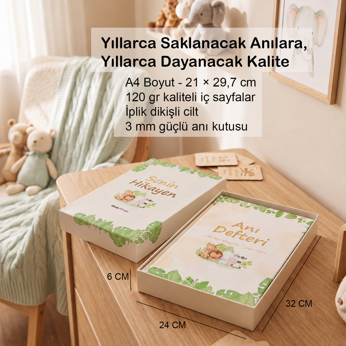 Bebek Anı Defteri, 5 Bölmeli Anı Kutusu + 2 Adet 0-6 Ay El Ayak İzi Baskı Kiti | Hamilelikten 5 Yaşa