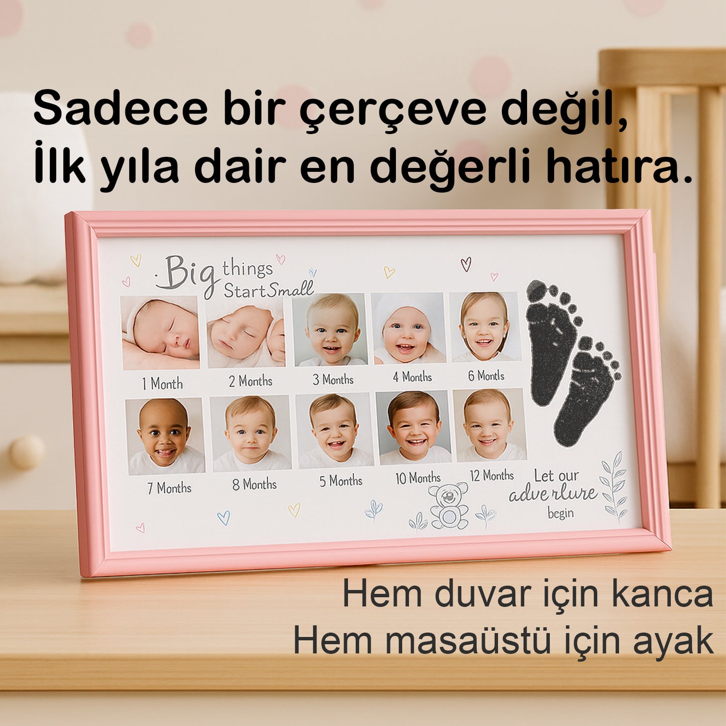 Yenidoğan Bebek İlk Fotoğrafım Aylık Anı Çerçevesi (38x23cm) Birinci Yıl, Büyük Boy El Ayak İzi Kiti
