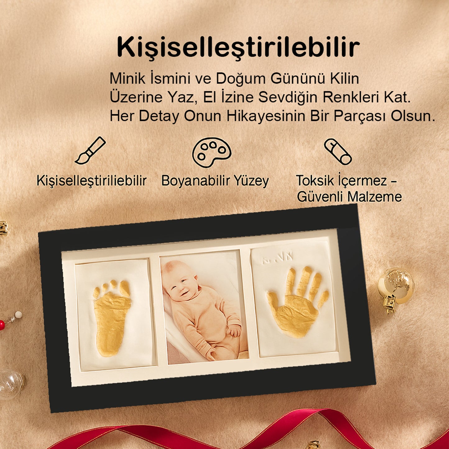 Bebek El Ayak İzi Seti – Kişiselleştirilebilir Kil Anı Çerçevesi | Yenidoğan Bebek Hediye ve Hatıra