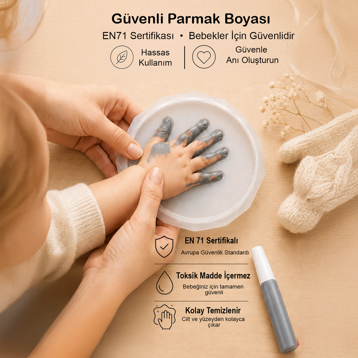 Bebek El Ayak İzi Seti | Kristal Hatıra Kiti, Güvenli Non-Toksik Parmak Boyası, Yenidoğan Hediyesi