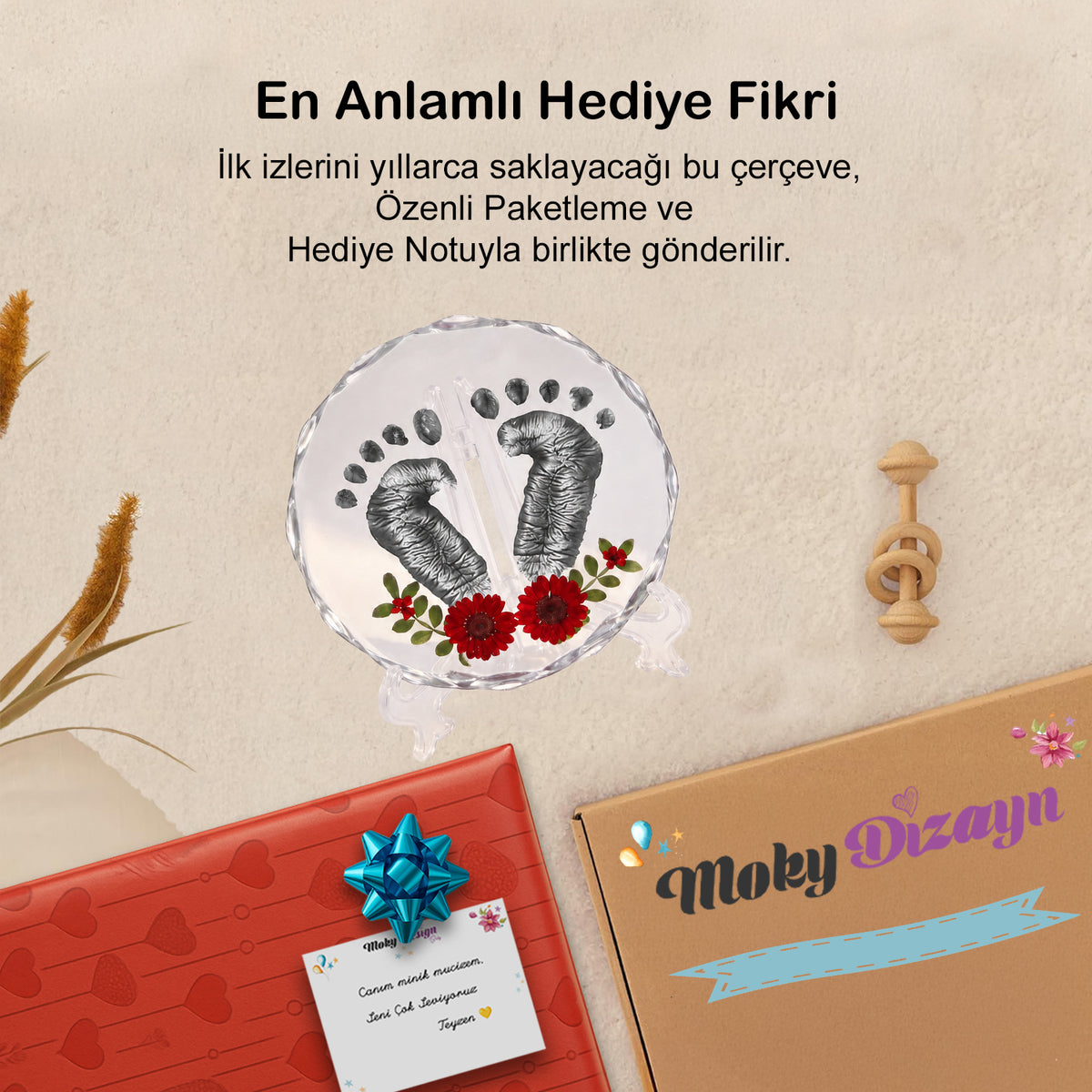 Bebek El Ayak İzi Seti | Kristal Hatıra Kiti, Güvenli Non-Toksik Parmak Boyası, Yenidoğan Hediyesi