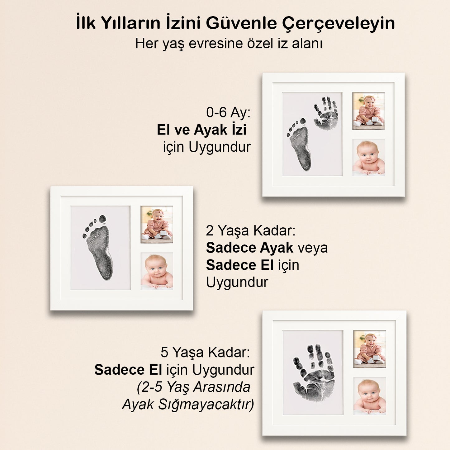 Bebek El Ayak İzi Seti, Temassız Mürekkep Baskı Kiti Jumbo Boy ve Yenidoğan Hediye Anı Çerçevesi